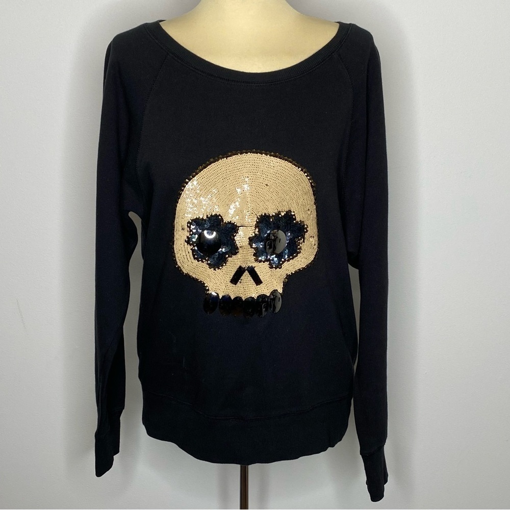 French Connection FC Jeans Sequin Embellished Skull Long Sleeve Top